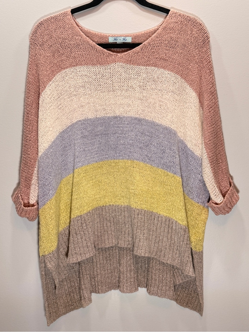 She + Sky Pink and Pastel Stripe Scoop Neck Sweater
